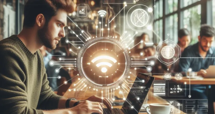 Clientes en un restaurante moderno, algunos utilizando dispositivos móviles y portátiles, conectados a una red wifi. El ambiente es acogedor y profesional, con luces cálidas y plantas decorativas. En las pantallas de los dispositivos, se muestran gráficos relacionados con el marketing digital. Un icono de wifi en la esquina superior derecha representa la conexión inalámbrica.