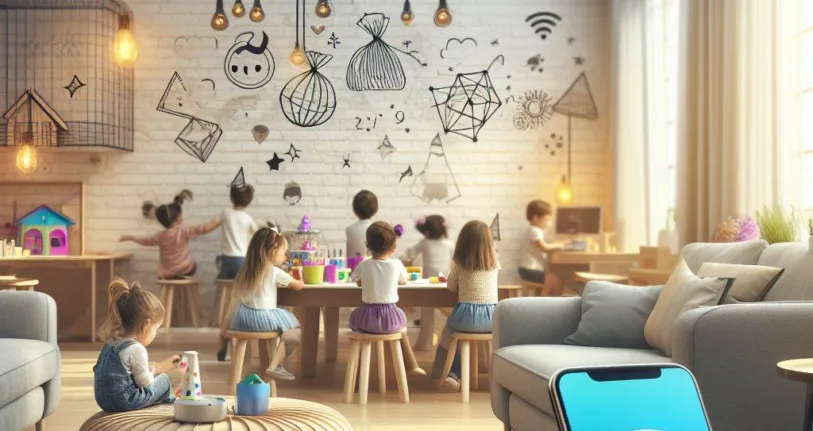 Salón de fiestas infantiles moderno y acogedor con niños disfrutando de actividades divertidas mientras los padres observan desde cómodos sofás. Se destacan dispositivos móviles y señales WiFi discretas, sugiriendo la implementación de estrategias de WiFi Marketing para aumentar las ventas en tiempos de crisis