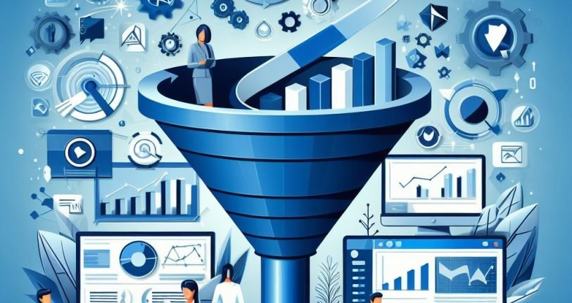 Representación gráfica de una agencia de embudos de marketing y ventas, mostrando profesionales colaborando en un entorno optimizado con gráficos de conversión, íconos de marketing digital y herramientas de análisis de datos, en una paleta de colores azul y blanco que transmite confianza y profesionalismo.