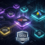 Diagrama técnico de arquitectura agéntica en estética Dark Tech que muestra la integración de n8n con Google Ads API v19, procesos de hashing SHA-256 y scoring de IA bajo el Protocolo 2026 de Guardian Architect.