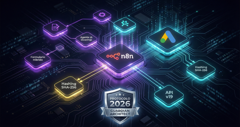Diagrama técnico de arquitectura agéntica en estética Dark Tech que muestra la integración de n8n con Google Ads API v19, procesos de hashing SHA-256 y scoring de IA bajo el Protocolo 2026 de Guardian Architect.